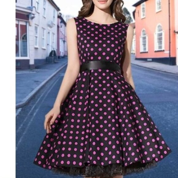 Women's Dress Retro Vintage Swing 1950's Short Sleeve Pokadot Print - Picture 1 of 4